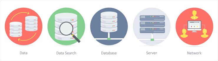 Vector un conjunto de 5 iconos seo como base de datos de búsqueda de datos