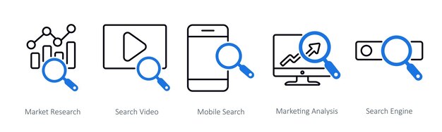 Un conjunto de 5 iconos de SEO como búsqueda de mercado búsqueda de video búsqueda móvil