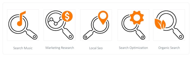 Un conjunto de 5 íconos de SEO como búsqueda de música investigación de marketing local SEO