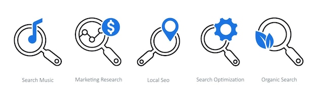 Un conjunto de 5 íconos de SEO como búsqueda de música investigación de marketing local SEO