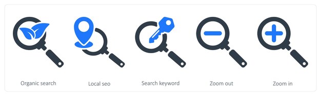 Un conjunto de 5 iconos de SEO como búsqueda orgánica de palabras clave de búsqueda local de SEO