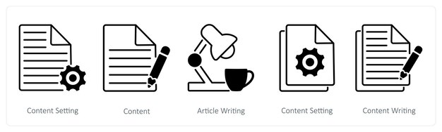 Un conjunto de 5 iconos de SEO como configuración de contenido escritura de artículo de contenido