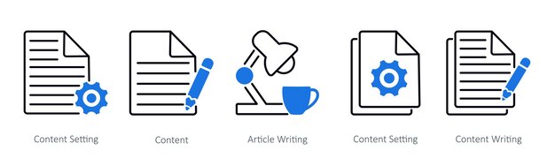 Un conjunto de 5 iconos de SEO como configuración de contenido escritura de artículo de contenido