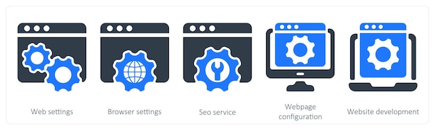 Un conjunto de 5 iconos de SEO como configuraciones web configuraciones de navegador servicio de SEO