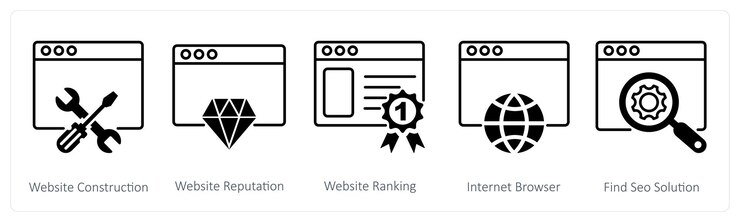 Vector un conjunto de 5 íconos de seo como construcción de sitios web reputación de sitios web clasificación