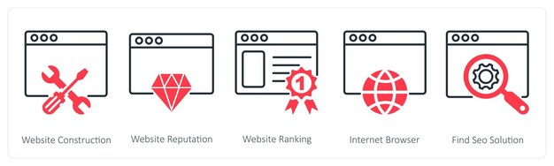 Un conjunto de 5 íconos de SEO como construcción de sitios web reputación de sitios web clasificación