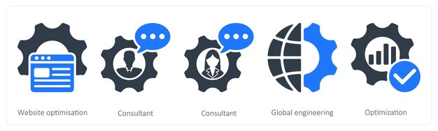 Un conjunto de 5 íconos de SEO como consultor de optimización de sitios web ingeniería global