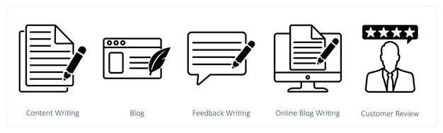 Un conjunto de 5 íconos de SEO como contenido de escritura de comentarios de blog de escritura de blog en línea de escritura