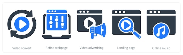 Un conjunto de 5 íconos de SEO como conversión de video para refinar la publicidad de video de la página web