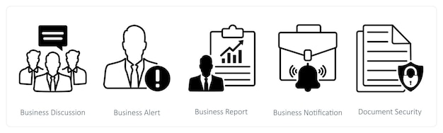Un conjunto de 5 iconos de SEO como discusión de negocios alerta de negocios informe de negocios