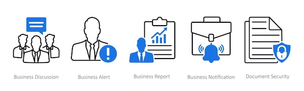 Un conjunto de 5 iconos de SEO como discusión de negocios alerta de negocios informe de negocios