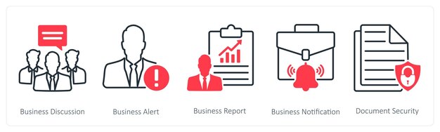 Un conjunto de 5 iconos de SEO como discusión de negocios alerta de negocios informe de negocios
