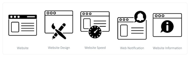 Un conjunto de 5 íconos de SEO como diseño de sitio web sitio web velocidad