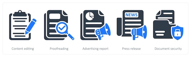 Un conjunto de 5 íconos de SEO como edición de contenido corrección de pruebas informe de publicidad