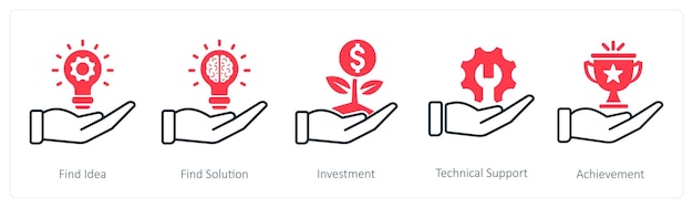 Un conjunto de 5 iconos de SEO como encontrar idea encontrar solución inversión
