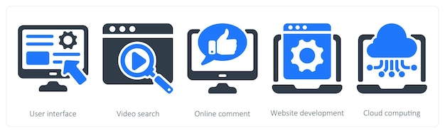 Un conjunto de 5 iconos de SEO como interfaz de usuario búsqueda de video en línea comentario