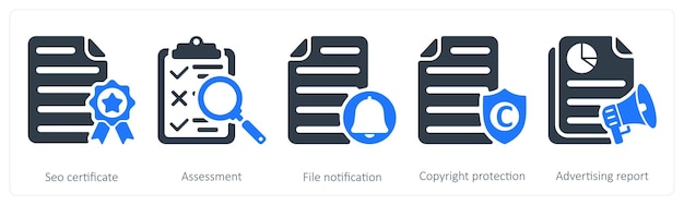 Un conjunto de 5 iconos de SEO como notificación de archivo de evaluación de certificado de SEO