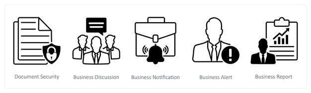 Un conjunto de 5 iconos Seo como notificación de seguridad de documentos de discusión de negocios