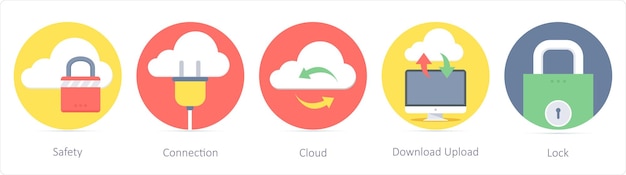 Un conjunto de 5 iconos Seo como nube de conexión de seguridad
