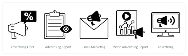Un conjunto de 5 íconos de SEO como oferta publicitaria informe publicitario marketing por correo electrónico