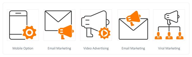Un conjunto de 5 íconos de SEO como opción móvil de marketing por correo electrónico publicidad de video