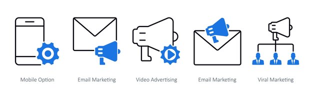 Un conjunto de 5 íconos de SEO como opción móvil de marketing por correo electrónico publicidad de video