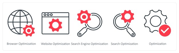 Un conjunto de 5 íconos de SEO como optimización de navegador optimización webiste optimización de motores de búsqueda