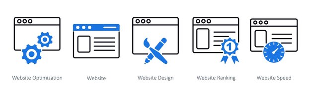 Un conjunto de 5 íconos de SEO como optimización de sitios web diseño de sitios web