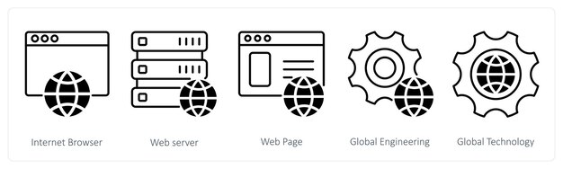 Un conjunto de 5 iconos de SEO como página web del servidor web del navegador de Internet