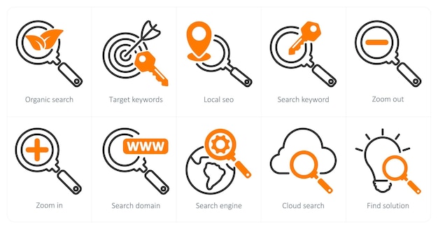 Un conjunto de 5 iconos de SEO como palabras clave de búsqueda orgánica objetivo de SEO local