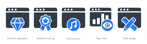 Un conjunto de 5 íconos de SEO como reputación del sitio web clasificación del sitio web música en línea