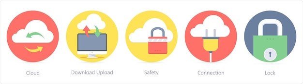 Un conjunto de 5 iconos Seo como seguridad de descarga y carga en la nube