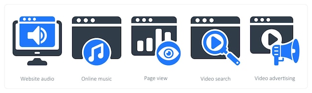 Un conjunto de 5 íconos de SEO como sitio web de audio en línea de música vista de página