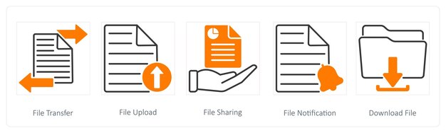 Un conjunto de 5 íconos Seo como transferencia de archivos, carga de archivos y intercambio de archivos