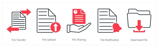 Un conjunto de 5 íconos Seo como transferencia de archivos, carga de archivos y intercambio de archivos