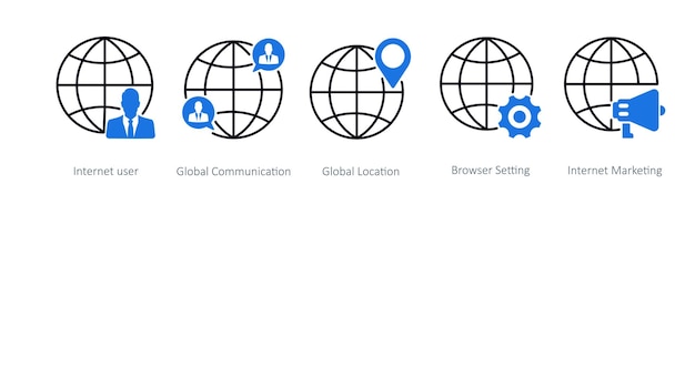 Un conjunto de 5 iconos Seo como usuario de Internet comunicación global ubicación global