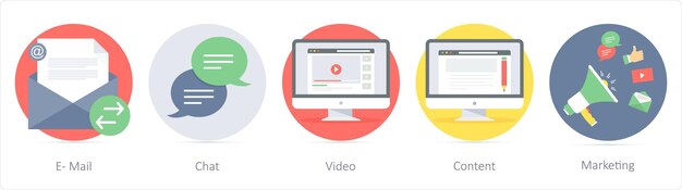 Un conjunto de 5 iconos de SEO como vídeo de chat por correo electrónico