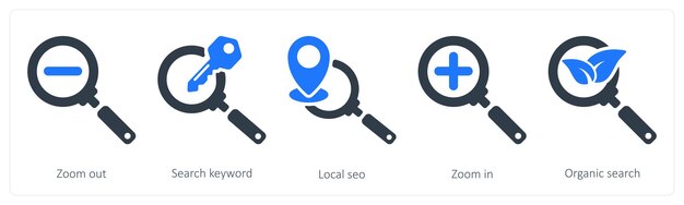 Un conjunto de 5 iconos de SEO como zoom out palabra clave de búsqueda de SEO local