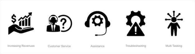 Un conjunto de 5 iconos de servicio al cliente como aumento de los ingresos de asistencia al servicio al cliente