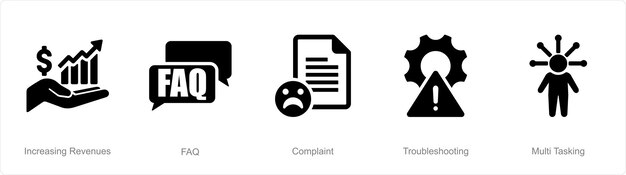 Un conjunto de 5 iconos de servicio al cliente como aumento de los ingresos quejas frecuentes