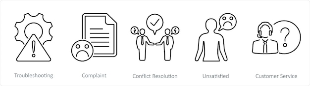 Un conjunto de 5 iconos de servicio al cliente como solución de problemas, quejas y resolución de conflictos