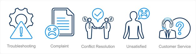 Un conjunto de 5 iconos de servicio al cliente como solución de problemas, reclamación y resolución de conflictos