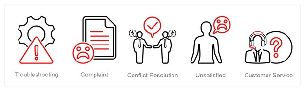 Un conjunto de 5 iconos de servicio de servicio al cliente como solución de problemas, quejas y resolución de conflictos
