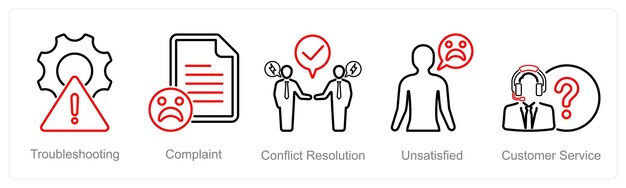 Vector un conjunto de 5 iconos de servicio de servicio al cliente como solución de problemas, quejas y resolución de conflictos