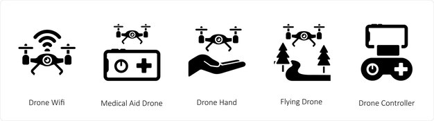Un conjunto de 5 iconos tecnológicos como el dron Drone Box y el controlador de drones