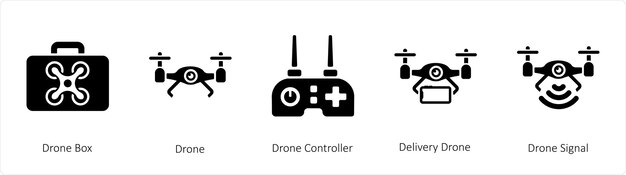 Un conjunto de 5 iconos tecnológicos como el dron Drone Box y el controlador de drones