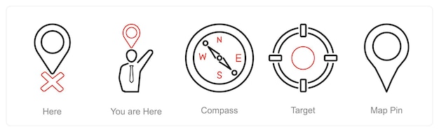 Un conjunto de 5 iconos de ubicación como aquí usted está aquí brújula