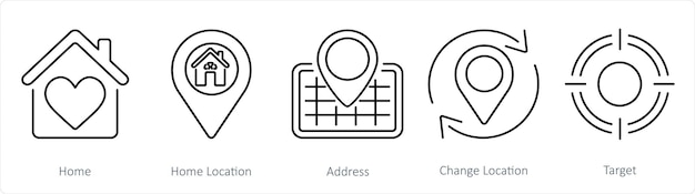 Un conjunto de 5 iconos de ubicación como dirección de ubicación de casa