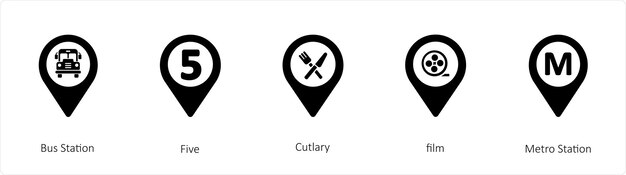 Un conjunto de 5 iconos de ubicación como la estación de autobuses Five Cutlary