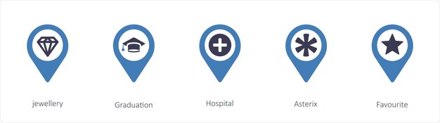 Un conjunto de 5 iconos de ubicación como joyas Hospital de graduación